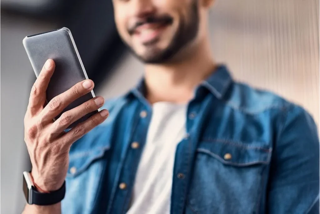 Um homem sorrindo e mexendo no celular.